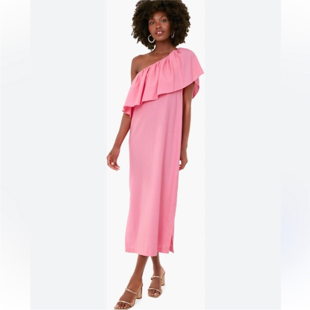 Pomander Place One-Shoulder Ruffle Midi Dress in Pink